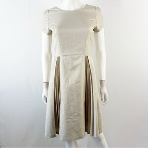 Strawberry-Fields Cream Midi Dress Size L Short Sleeve Formal Pleated Classic